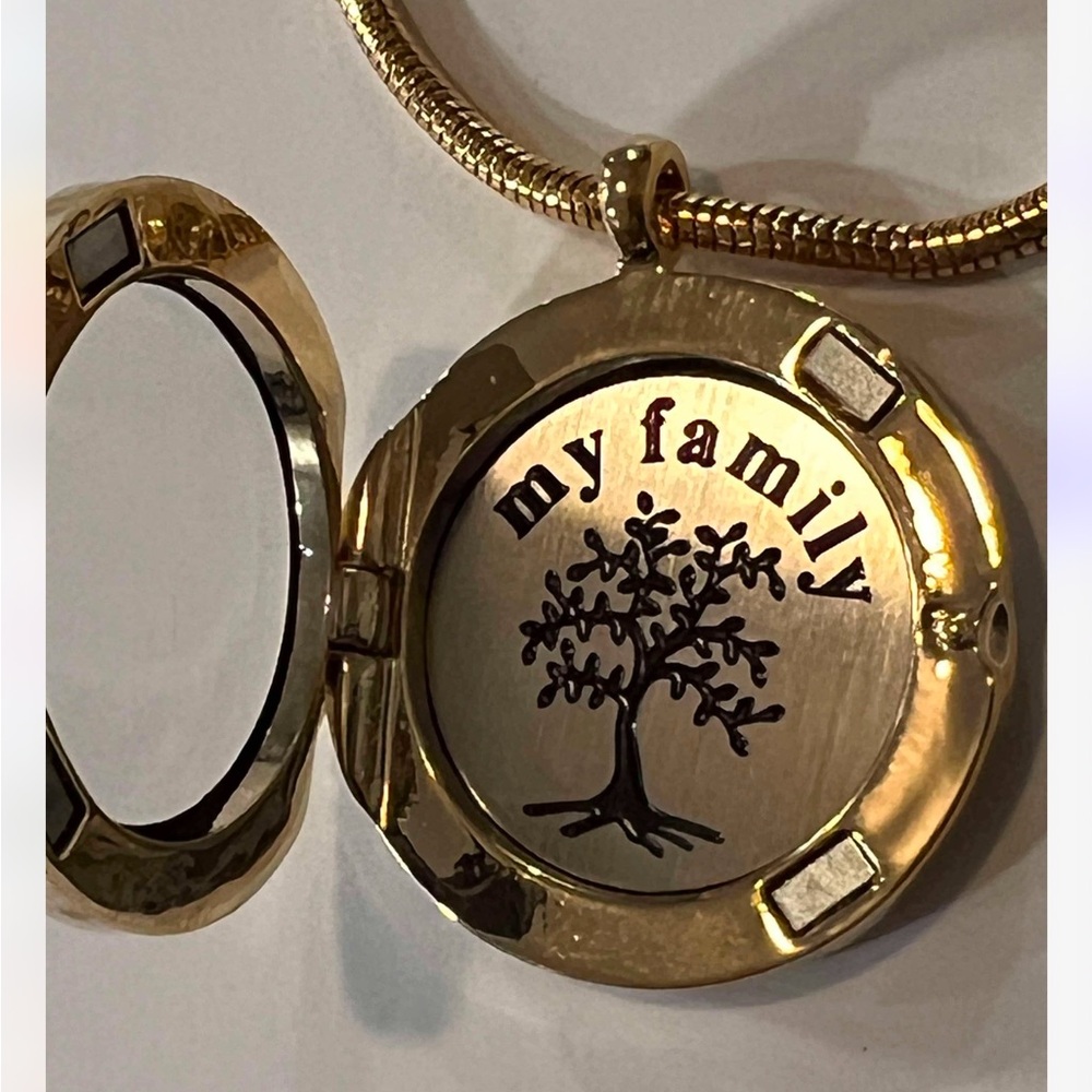 Crystal VINTAGE FAMILY TREE LOCKET NECKLACE DUEL SIDE GLASS ADD PICTURE NOS 2001